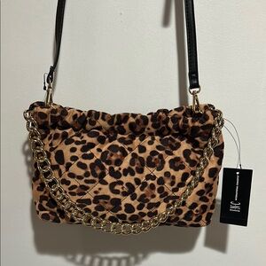 INC Leopard Print Shoulder Bag with Adjustable Strap and Gold Chain Detail